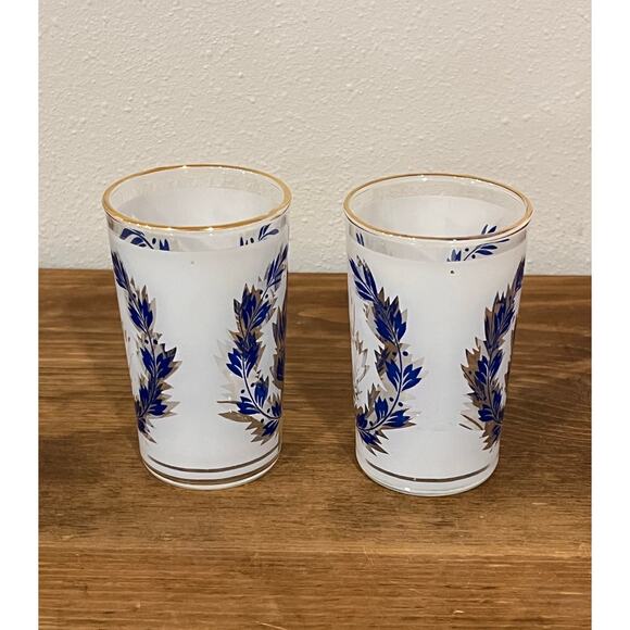Vintage Frosted Glasses Blue Leaf Design Gold Rim Barware Mid Century - Picture 4 of 6